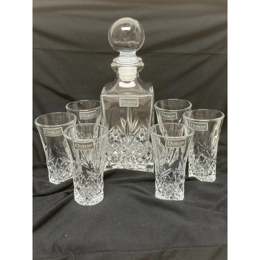 Elegant Dublin Collection Crystal Decanter Set with 6 Cordial/Liqueur Glasses